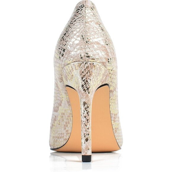 Women's Beige Gold Synthetic Snake Skin Pumps Pointed Toe Stiletto Slip On Heels - Picture 5 of 7